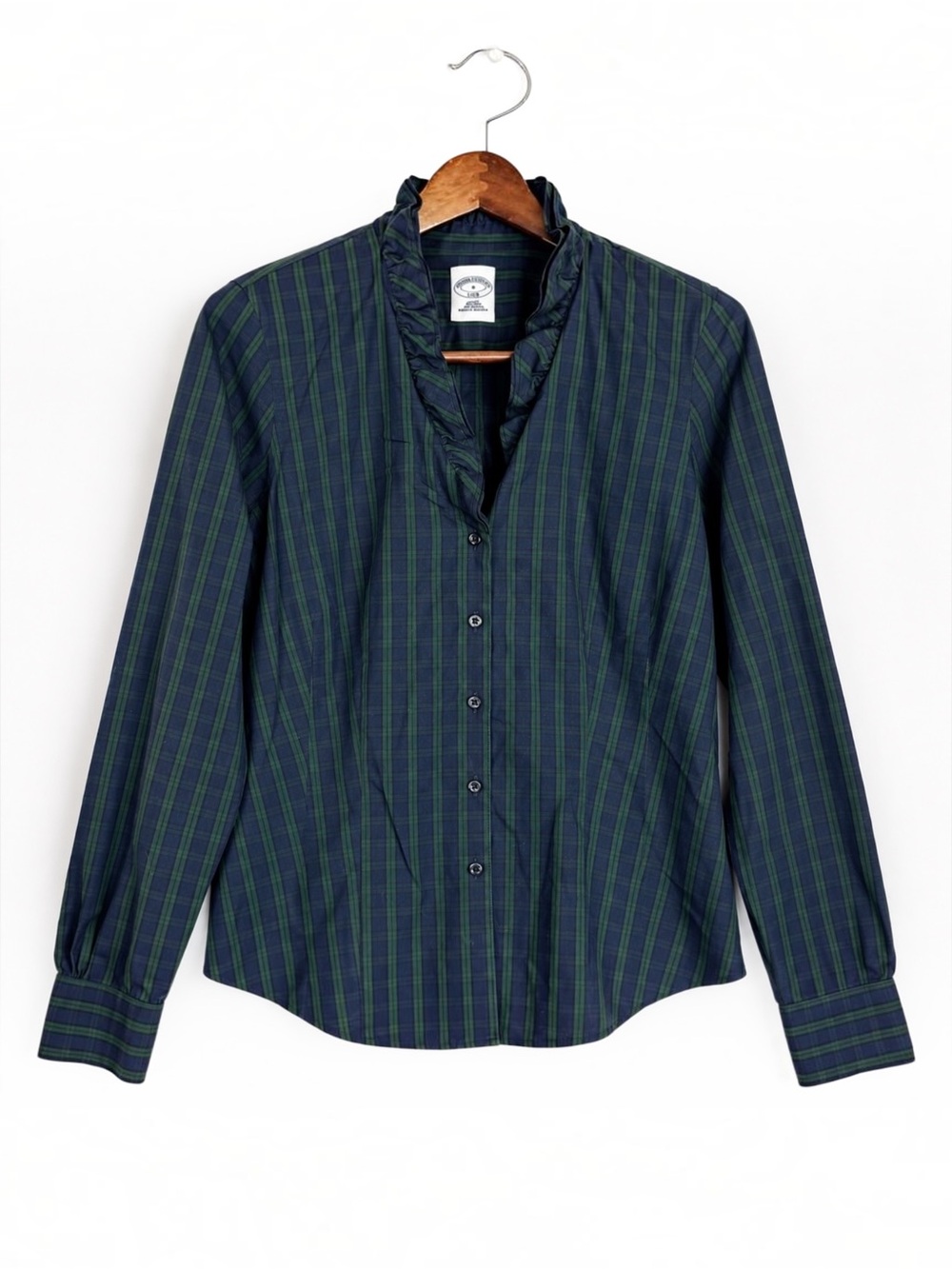Brooks Brothers 1818 Black Watch Plaid Ruffle Blouse 8 Cotton